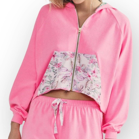 LoveShackFancy Tops - LoveShackFancy x Hurley Hoodie Hawaiian Hibiscus Pink Terry Zip Up Medium New
